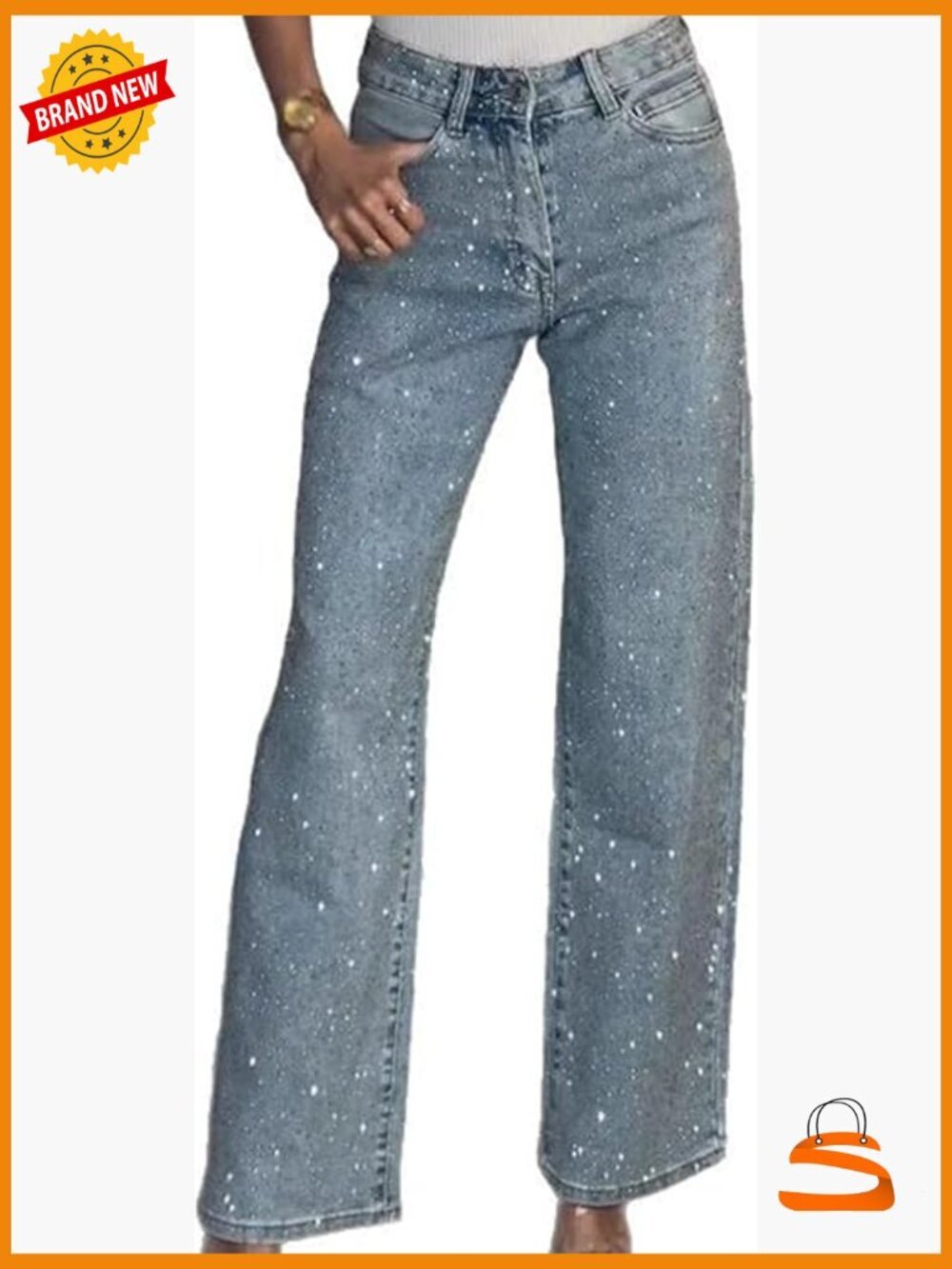 Baggy Y2K High Waisted Straight Wide Leg Rhinestone Jeans Sparkly Glitter Denim